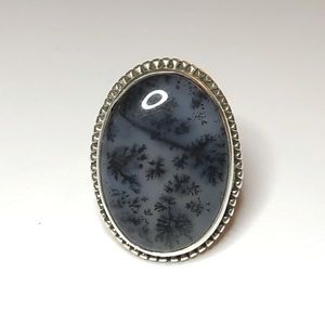 Oval Dusty Blue/Black Fern Silver Ring